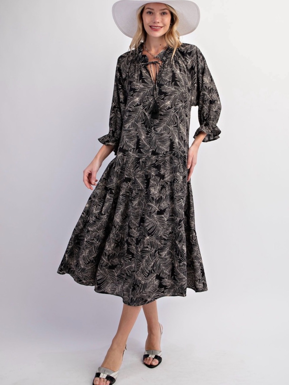 Easel PLUS Sizes Flutter Sleeve Black Leaf-Print Midi Dress